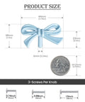 Blue Bow Dresser Knobs 4 Pack Small Decorative Cabinet Drawer Pull Handles For Girls Bedroom And Nursery Decor Two Size Options With Screws And Washers Included Easy To Install Vintage Cute Home Hardware dimensions and screws shown next to a quarter for scale.