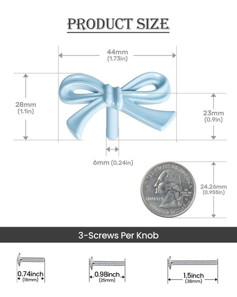 Blue Bow Dresser Knobs 4 Pack Small Decorative Cabinet Drawer Pull Handles For Girls Bedroom And Nursery Decor Two Size Options With Screws And Washers Included Easy To Install Vintage Cute Home Hardware dimensions and screws shown next to a quarter for scale.