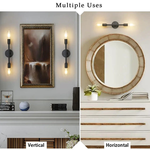 Two Light Vanity Sconce in Matte Black, Double Wall Light for Hallway Kitchen Bathroom, shown vertically and horizontally