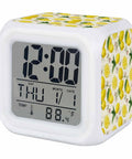 Chill Vibes Digital Alarm Clock Displays Time On A Watercolor Lemon Botanical Cube with LED and humidity display.