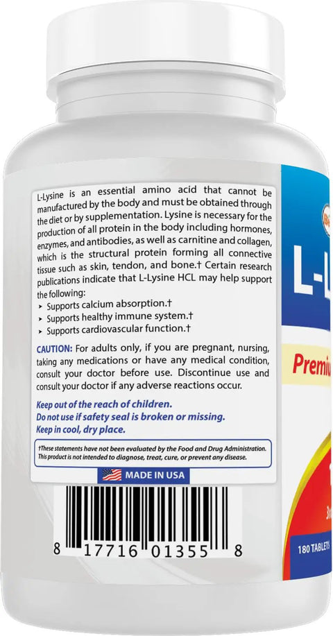 Top Shelf L Lysine 1000 Mg Tablets For Cold Sores And Immune Support 180 Count bottle with label and barcode.