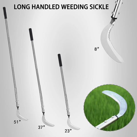 Long Handle Weeding Sickle With Serrated And Plain Edged Blade, 51 Inch Adjustable Lightweight Garden Tool with stainless steel build.