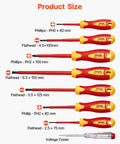 Top Shelf 12 Piece Insulated Screwdriver Set For Pro Electricians Featuring Badass Magnetic Phillips Slotted Tips 1000V Vde Certified Tools showing sizes and types of screwdrivers.