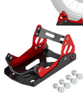Universal Motorcycle Wheel Chock, red and black, adjustable design, for 8-21 inch front tires, shown with hardware and side view.
