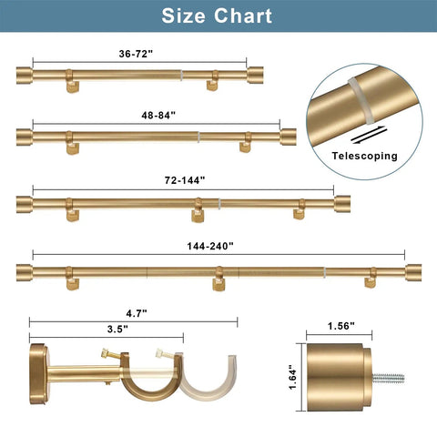 Size chart of One And One Eighth Inch Curtain Rods Telescoping From 144 To 240 Inches With Heavy Duty Iron Rod Reinforced Aluminum Brackets.