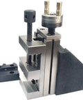 Hella Sturdy Mini Vertical Slide With A Sweet 2 Inch Steel Vice And Quick Milling Attachment for small bench lathes at an angle.
