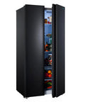 Killer Side By Side Refrigerator In Matte Black Offering 15.6 Cubic Feet Of Straight Up Family Storage Plus Huge Freezer Section For Your Ultimate Kitchen Flex, open with food inside.