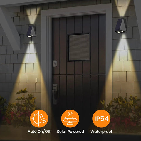 Solar Powered Up Down Wall Lights Dusk To Dawn Outdoor Flood Lights Sconce illuminating front door area