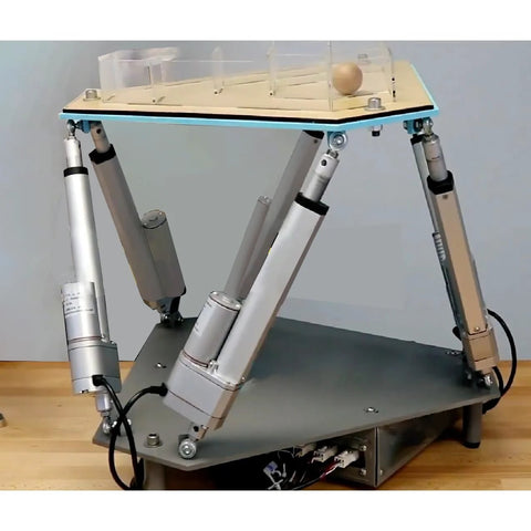DOCYKE digital linear servo actuators in a front view on a four-arm DIY robot base supporting a wooden top with clear guard