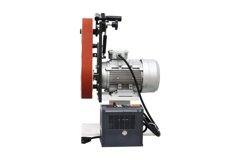 Badass Industrial Variable Speed 71 Inch Belt Grinder with 3 Grinding Wheels showing side view of motor and belt.