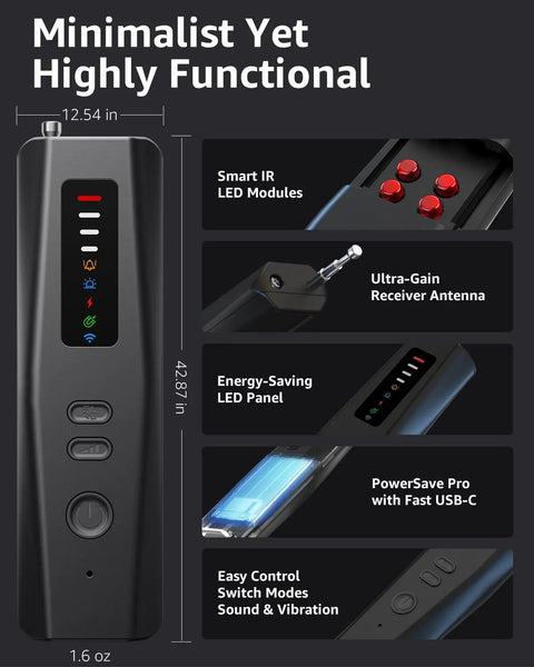 Hidden Camera Detector Pro with RF Signal and GPS Tracker, showing LED modules and ultra-gain antenna for home and travel security.