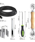 DIY Five In One Window Screen Repair Kit With Screen Roller Tool Spline Removal Hook And Clips 32 Feet Retainer Spline And Screen Cutter for Replacing And Installing Doors And Windows; various tool dimensions displayed.