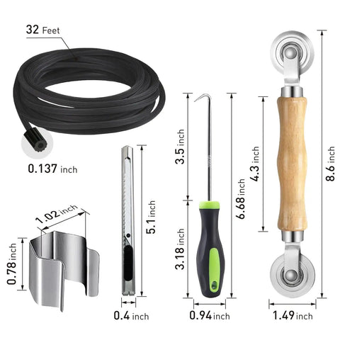 DIY Five In One Window Screen Repair Kit With Screen Roller Tool Spline Removal Hook And Clips 32 Feet Retainer Spline And Screen Cutter for Replacing And Installing Doors And Windows; various tool dimensions displayed.