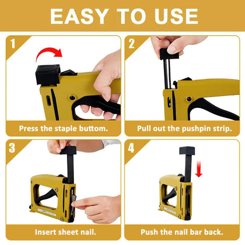 Instruction steps for Pro Grade Point Driver For Picture Framing With 1000 Points, showing loading method and yellow tool.