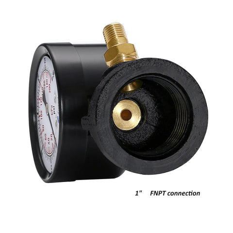 Gas pressure gauge with 1-inch FNPT brass valve, black chrome-plated steel body, front dial visible