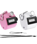 Set Of Two Mechanical Handheld Tally Counters With Lanyard Four Digit Battery Free Clicker For Inventory Tracking, pink and white.