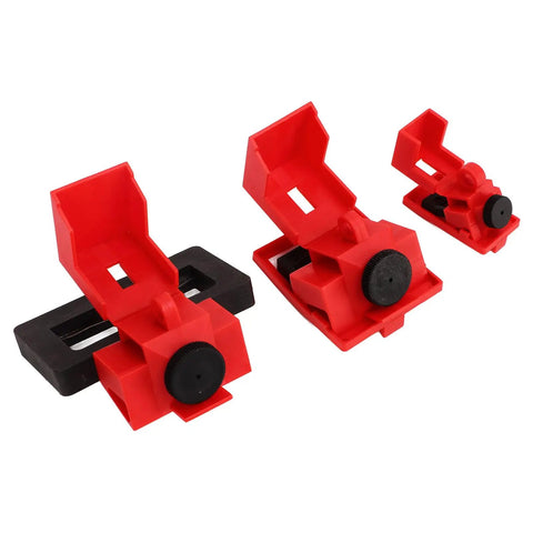 Beefy Heavy Duty Circuit Breaker Lockout Kit Single Pole Clamp On Nylon Hardware 12 Pcs Industrial Safety Tagout Tools displayed