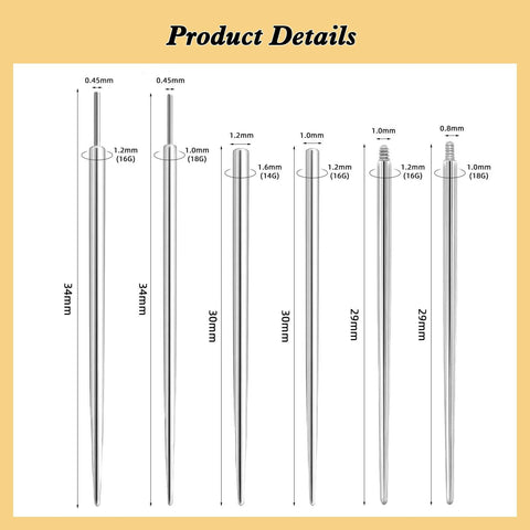 Six stainless steel threadless body insertion pins for ear nose lip 14G 16G 18G shown with dimensions, part of Piercing Ball Grabber Tool Kit For Jewelry Changes Must Have Internal And External Threaded Inserts Non Threaded Inserts Perforated Ball Gripper Stainless Steel Flat Back Earring Applicator Threadless Body Insertion Pins For Ear Nose Lip 14G 16G 18G set