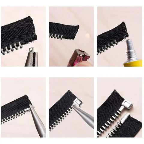 Using 24 Piece Metal Zipper Latch Slider Retainer Kit In Three Colors With Size 3 5 8 10 Insertion Pins for zipper repair.