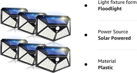 Six Pack Solar Motion Lights Outdoor With 100 LED Beads, 270 Degree Coverage, 3 Modes, IP65 Waterproof Wall Lights displayed