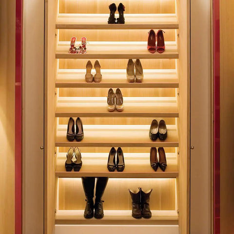 Lit shoe display shelves using LED Dimmer Power Driver For Under-Cabinet Lighting With Removable AC Cord, 20W Gray, flicker-free dimming