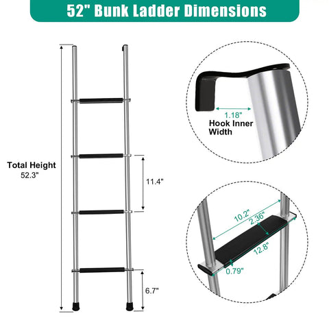 52 Inch Aluminum RV Bunk Ladder For Camper Bunk Beds Built Tough Heavy Duty Entry Ladder With 300 Lb Capacity Rust Resistant Aluminum Wide Twelve Point Eight Inch Width Easy Install dimensions view showing 52.3 inch height and 1.18 inch hook