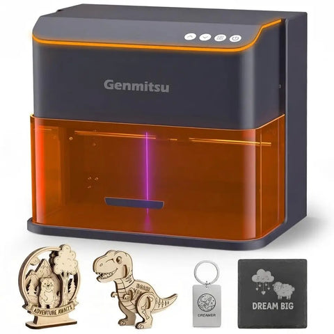Speed Demon Galvo Laser Engraver 10W with auto lifting, compact design, orange and black casing, shown with engraved items.