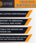 Bulk 48 Roll Carton Electrical Tape Black Waterproof Heavy Duty Pro Grade Vinyl Self Adhesive PVC Wire Insulation 2 Inch 66 Foot 7 Mil 600V UL CSA Listed For Pros And DIYers features highlighted benefits including long-lasting performance, resistance to abrasion, chemicals, and aging.