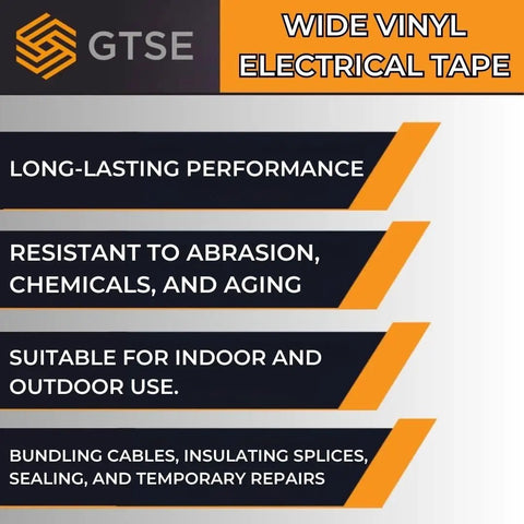 Bulk 48 Roll Carton Electrical Tape Black Waterproof Heavy Duty Pro Grade Vinyl Self Adhesive PVC Wire Insulation 2 Inch 66 Foot 7 Mil 600V UL CSA Listed For Pros And DIYers features highlighted benefits including long-lasting performance, resistance to abrasion, chemicals, and aging.