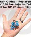 Hand holding Fuel Injector O Ring Seal Kit 217-1588 Replacement For GM Vehicles, 16 pieces, two sizes, blue and brown O-rings.