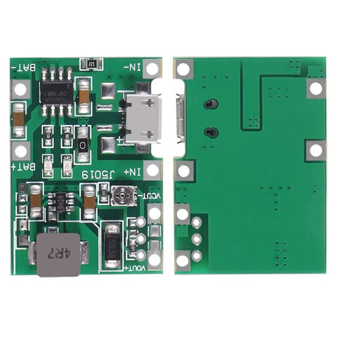 Six Pack TP4056 Battery Charger Module With Dual USB Boost Circuit For 18650 Lithium Ion Packs circuit board showing charging connections and layout.