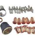 23 Piece Plasma Cutter Kit Compatible With Titanium 65 Torch IPT 65 And 59164 Perfect For DIY Welders With 10 Plasma Torch Electrodes And 10 Nozzles One Point One Millimeter Plus Vortex Ring And Essential Replacement Parts, showing electrodes, nozzles, and bracket