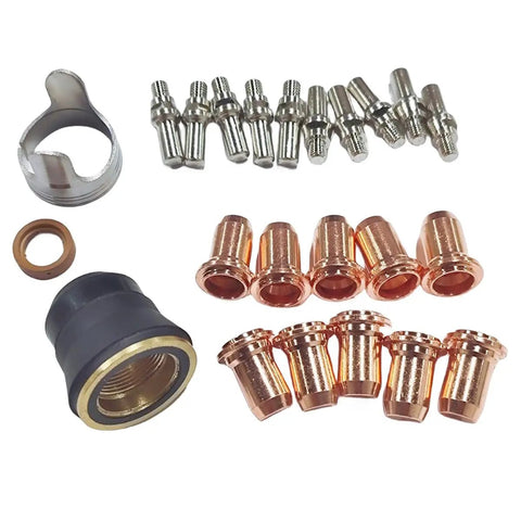 23 Piece Plasma Cutter Kit Compatible With Titanium 65 Torch IPT 65 And 59164 Perfect For DIY Welders With 10 Plasma Torch Electrodes And 10 Nozzles One Point One Millimeter Plus Vortex Ring And Essential Replacement Parts, showing electrodes, nozzles, and bracket