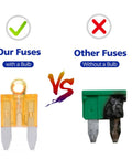 Smart Glow Mini Blade Auto Fuses Illuminated Indicator comparison of fuses with and without a bulb, showing functionality.