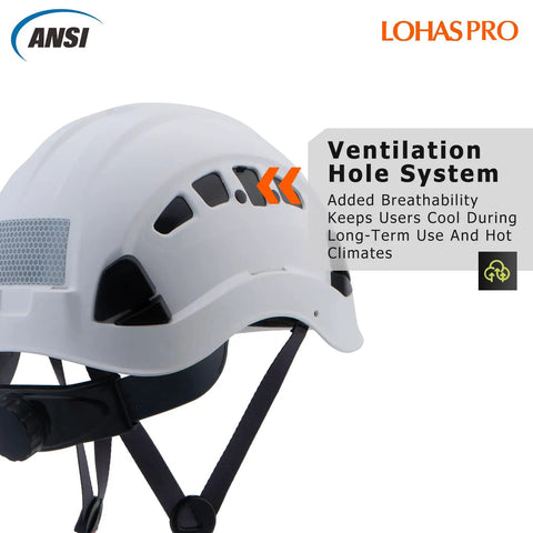 Ventilated White Hard Hat for Jobsite Construction and Arborist Work, ANSI Z89.1 Safety Helmet with Chin Strap shown in detail