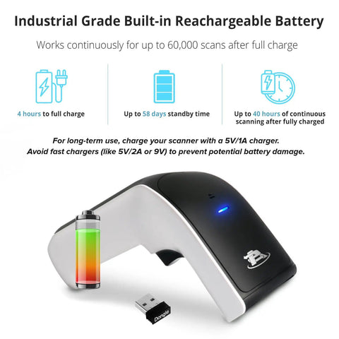 Wireless Portable 1D And 2D Barcode Scanner With Stand Bluetooth USB No Software Needed Rechargeable Battery Handheld Inventory Scanner For POS QR Reader 1D 2D Codes shown with battery charging icon and USB adapter.