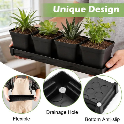 Person holding Five Pack Plastic Window Sill Plant Saucers with Removable Drain Hole, showcasing drainage and anti-slip design.