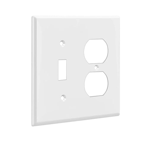 Combo Toggle Switch And Duplex Outlet Wall Plate Cover For 2-Gang, 4.5 By 4.57 Inches, White Polycarbonate Thermoplastic.