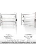 Heavy Duty Wall Mounted Towel Warmer With Built In Timer And LED Indicators, 1 To 8 Hour Modes, Quiet Heating, Chrome Stainless Steel with plug-in and hardwired installation options.