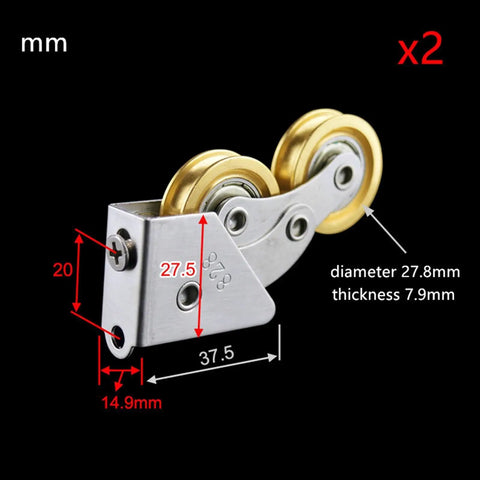 Heavy Duty Double Wheel Sliding Door Rollers, stainless steel housing, dimensions 37.5mm x 27.8mm, for glass or aluminum frames, set of two.