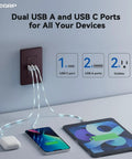 Close-up of Three USB Ports Wall Outlet With Type C And USB A Fast Charge, 30W Total Output, charging a phone and tablet