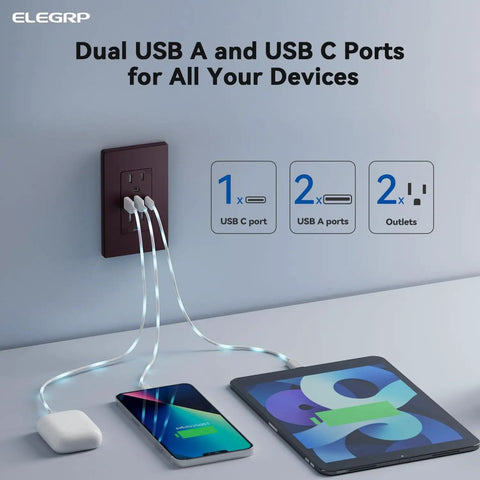 Close-up of Three USB Ports Wall Outlet With Type C And USB A Fast Charge, 30W Total Output, charging a phone and tablet