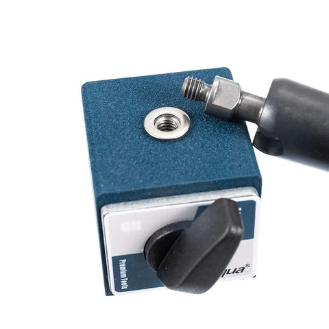 Heavy Duty Magnetic Base For Dial Indicators With 275mm Arm, 176 Lb Pull, Six Mm, Eight Mm, And Three Eighths Inch Clamping Holes, CNC Machined Bearing Steel Frame, Rock Solid Locking Arm, Model 7121 0025 magnetic base top view