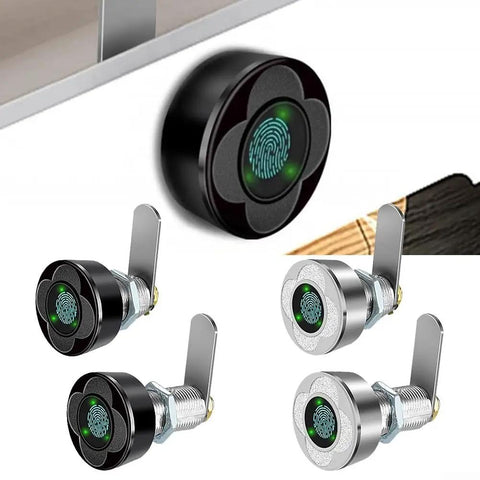 Heavy Duty Smart Biometric Drawer Lock With Tough Aluminum Body Lightning Half Second Keyless Entry For Bedside Tables And Storage Cabinets No Sweat Setup Secures Twenty Fingerprints In Matte Black showing black and chrome locks.