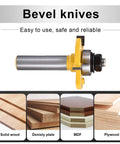 Solid Two Piece Tongue And Groove Router Bit Set With Half Inch Shank and Quarter Inch Cutters showing bevel knives for wood milling.