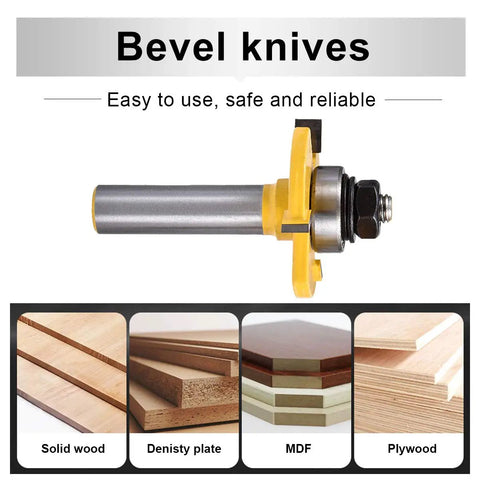 Solid Two Piece Tongue And Groove Router Bit Set With Half Inch Shank and Quarter Inch Cutters showing bevel knives for wood milling.