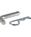 Half Inch Trailer Hitch Pin And Clip For One And A Quarter Inch Receivers shown separately, steel with zinc coating, 105-degree bend.