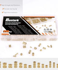 All In One 330 Piece Knurled Threaded Insert Kit Brass Embedment Nuts Set M2 M3 M4 M5 Female Threads For Wood Plastic Metal Versatile Assortment With Durable Clear Box Storage, showing nuts spread out in front of the packaging.