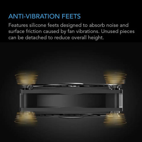Side view of Whisper Quiet 120mm AC Powered Dual Fan with anti-vibration silicone feet for noise reduction and stability.