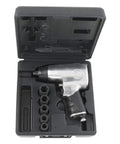Badass Half Inch Metric Air Impact Wrench Pistol Grip Kit With Smooth Pin Clutch And Four Level Power Settings Delivering 425 Ft Lbs Torque At 8400 Rpm For Pro Mechanics in storage case with accessories.